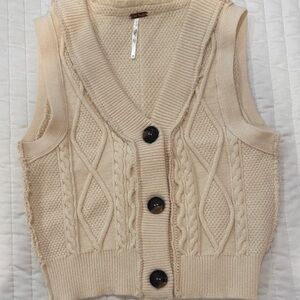 Free People Beige Cable Knit Cardigan Vest